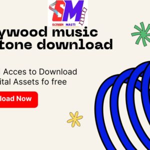 Promotional banner for Hollywood music ringtone downloads from screenmasti.com featuring download button and microphone graphics.
